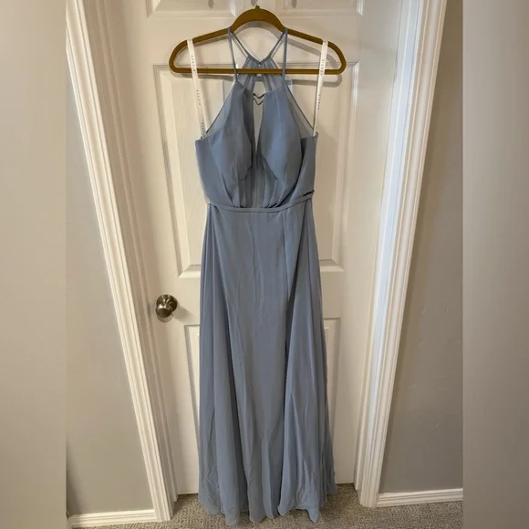 Azazie | Dresses | Azazie Dusty Blue Sleeveless Halter Gown | Poshmark
